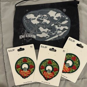 Busch Gardens Christmas Town patches (3) plus one Hallowscream Pin Flag/Banner